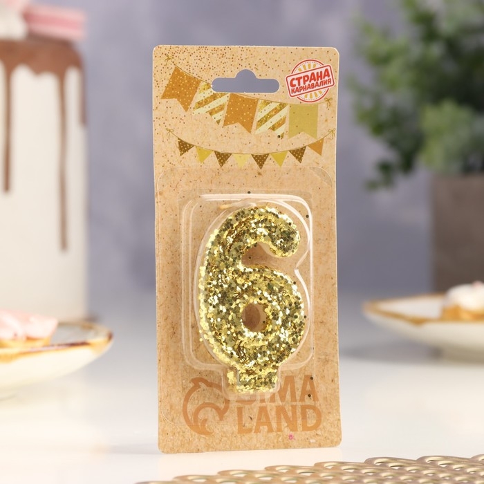 Свеча в торт «Блестки», цифра  Свеча в торт «Блестки», цифра "6", золото, 6.5х4