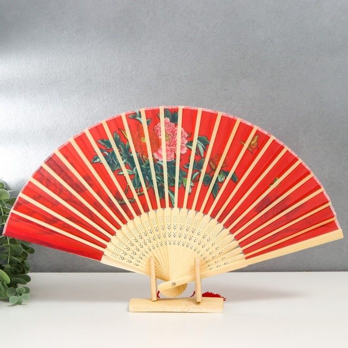 Веер бамбук, текстиль h=23 см  Веер бамбук, текстиль h=23 см "Веточка с розами" красный, с кисточкой