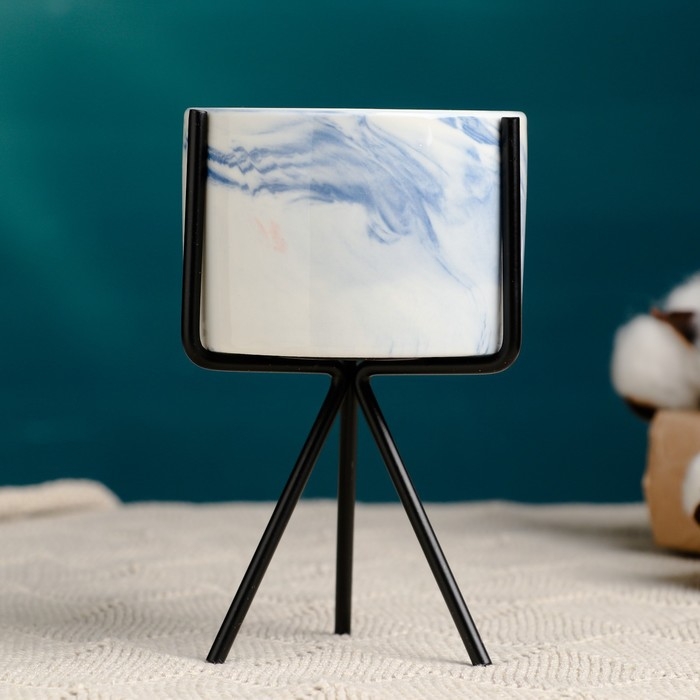 Кашпо  Кашпо "Цилиндр" синее, на черной подставке, 13х8см