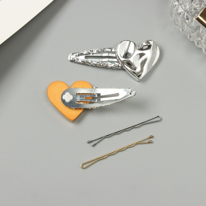 Невидимка для волос  Невидимка для волос "Беатрис" (набор 10 шт) сердце, 5 и 5,5 см, серебро золото