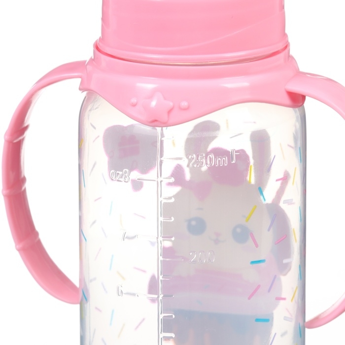 Бутылочка для кормления «Зайка, пончик», классическое горло, 250мл., от 3 мес., цилиндр, с ручками