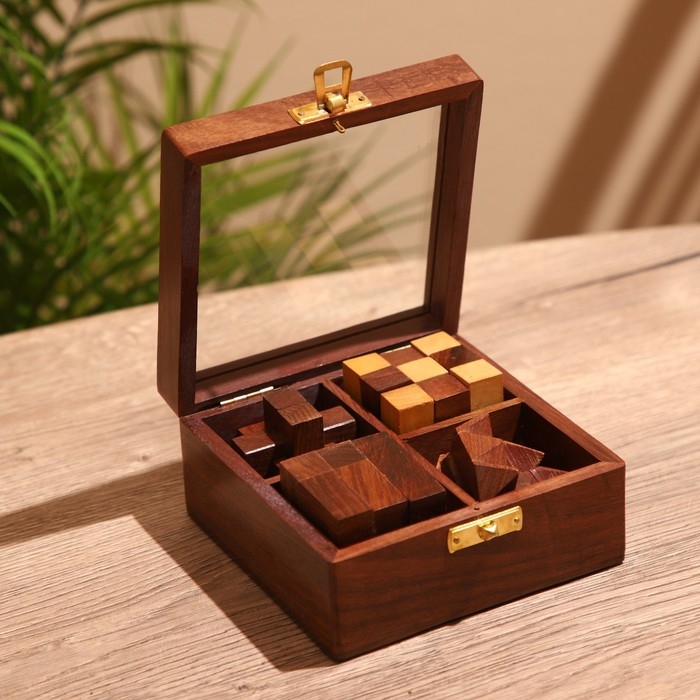 Головоломки в шкатулке (набор 4 шт) 12х13х6 см, дерево шишам Головоломки в шкатулке (набор 4 шт) 12х13х6 см, дерево шишам