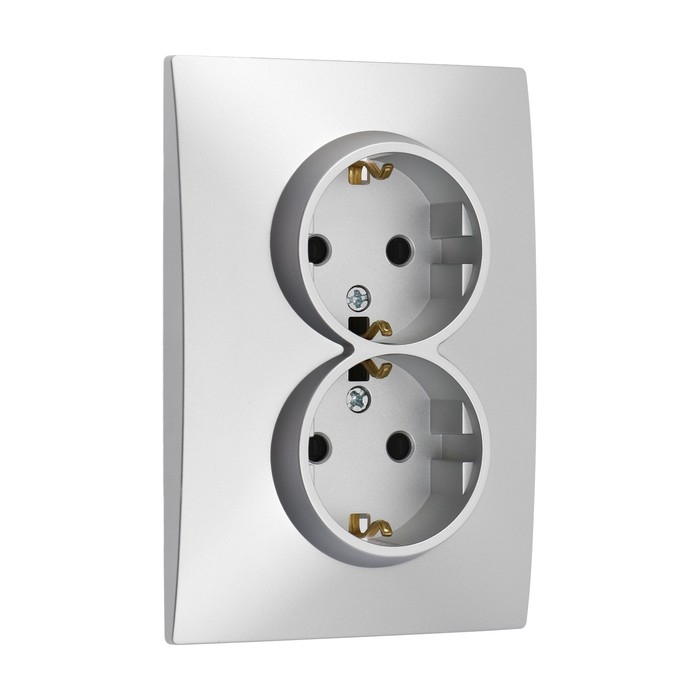 Розетка двухместная TOT Elegant, 16 А, скрытая, с з/к, серебристая Розетка двухместная TOT Elegant, 16 А, скрытая, с з/к, серебристая