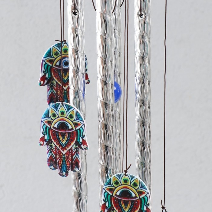 Музыка ветра дерево, металл Музыка ветра дерево, металл "Абхая мудра" от сглаза 4 трубочки h= 46 см, синий