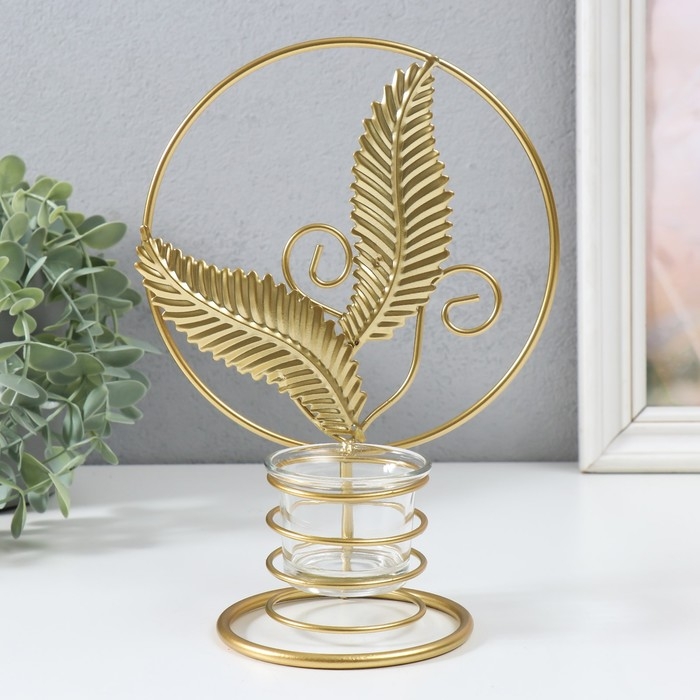 Подсвечник металл на 1 свечу  Подсвечник металл на 1 свечу "Золотые листья в круге" d=4,5 см золото 16х9,5х21 см
