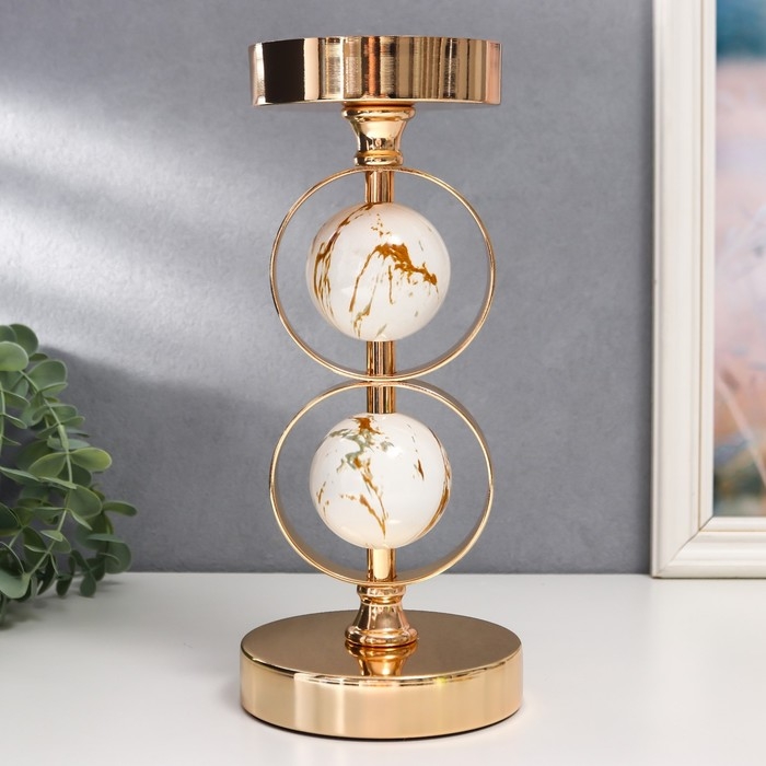 Подсвечник металл на 1 свечу  Подсвечник металл на 1 свечу "Два белых мраморных шара в сферах" золото 27х12х12 см