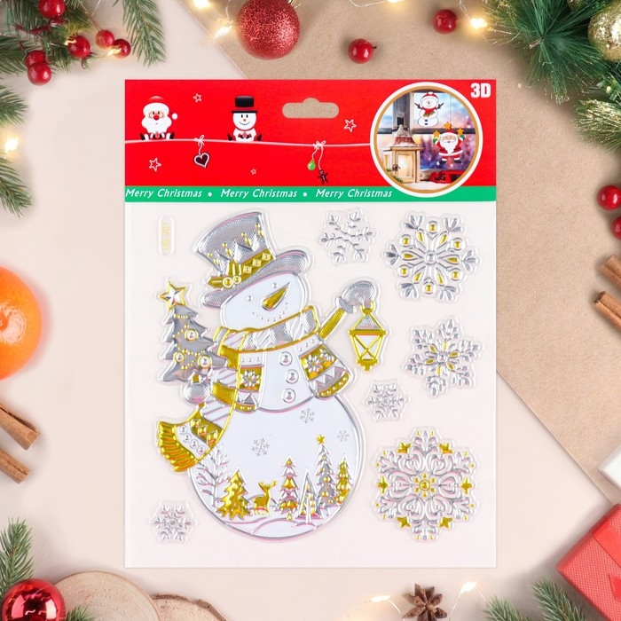 Наклейки на окна Наклейки на окна "Новогодние" снеговик с фонарем, 24 х 19 см