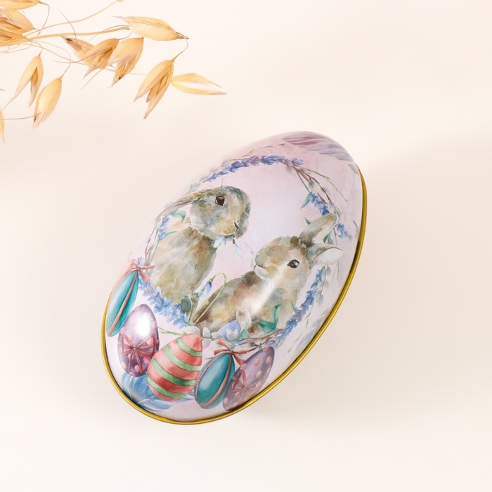 Шкатулка металл яйцо  Шкатулка металл яйцо "Два пасхальных зайчика" 7х6,5х11 см