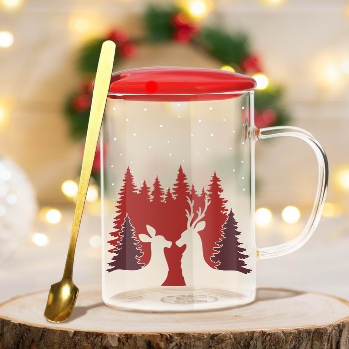 Новый год. Кружка стеклянная с ложкой и крышкой «Зимний лес», 470 мл Новый год. Кружка стеклянная с ложкой и крышкой «Зимний лес», 470 мл