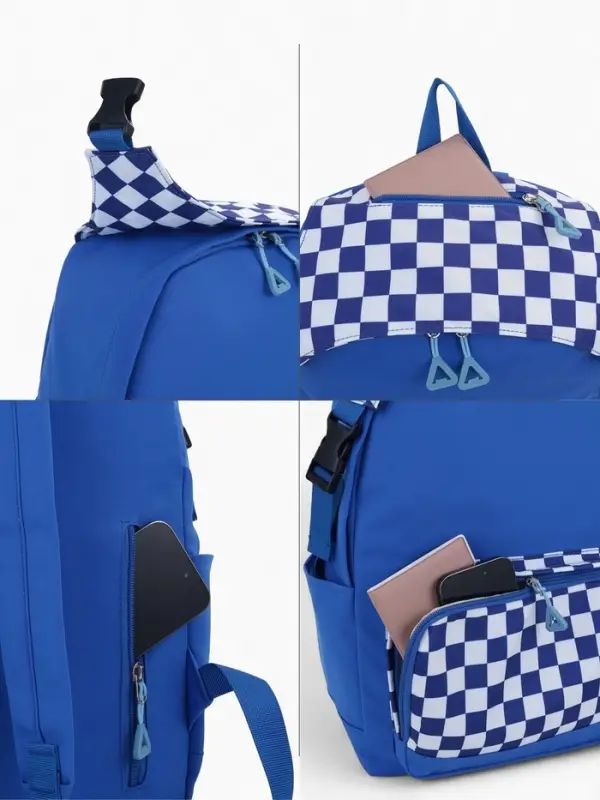 Рюкзак школьный на молнии, с карманами, в клетку, размер 29&times;15&times;40 см, синий