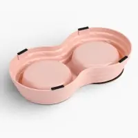 Миска двойная, 25&times;14&times;5 см, на пластиковом основании, металл, розовая