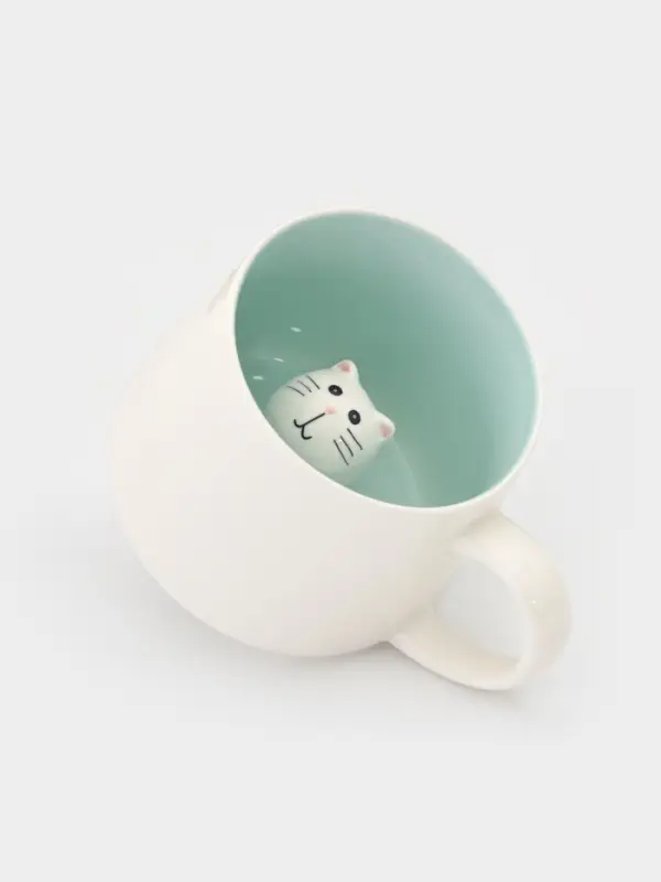 Кружка Доляна &laquo;Котик&raquo;, 360 мл, керамика, белая, бирюзовая