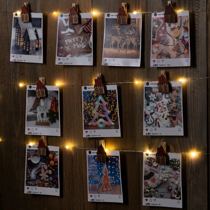 Гирлянда «Нить» 2 м роса с насадками «Прищепки-домики», IP20, серебристая нить, 20 LED, батарейки ААх2 (не в комплекте), свечение тёплое белое Гирлянда «Нить» 2 м роса с насадками «Прищепки-домики», IP20, серебристая нить, 20 LED, батарейки ААх2 (не в комплекте), свечение тёплое белое