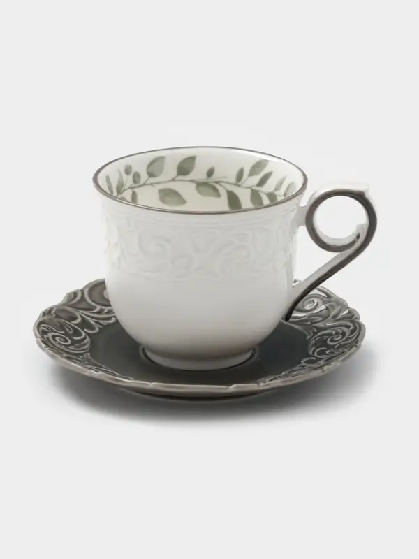 Чайная пара WY Floral Laceware, 2 предмета: чашка 300 мл, блюдце d=15 см, фарфор, белая, серая Чайная пара WY Floral Laceware, 2 предмета: чашка 300 мл, блюдце d=15 см, фарфор, белая, серая