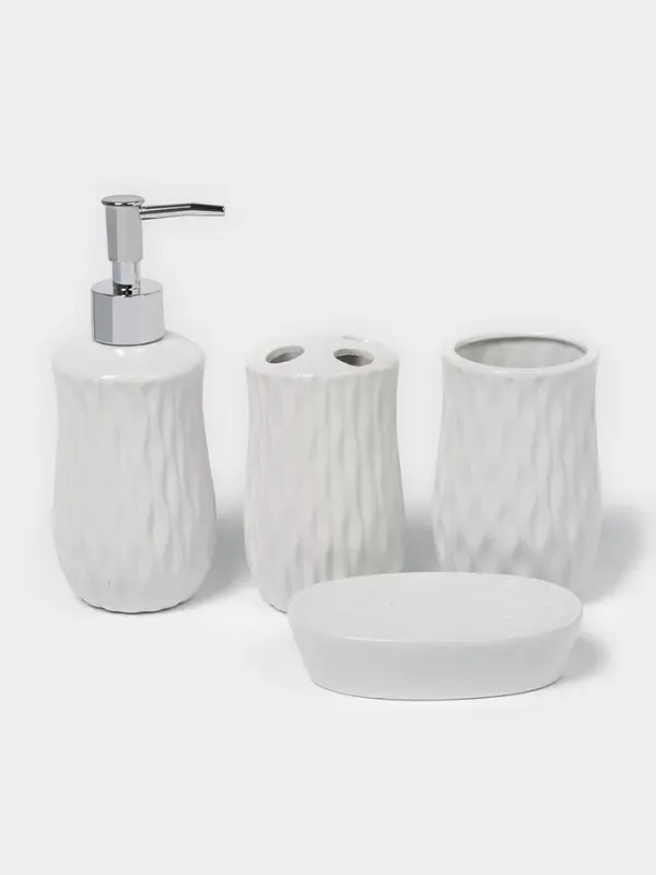 Набор аксессуаров для ванной комнаты Доляна &laquo;Течение&raquo;, 4 предмета, дозатор 350 мл, мыльница, два стакана 300 мл, белый