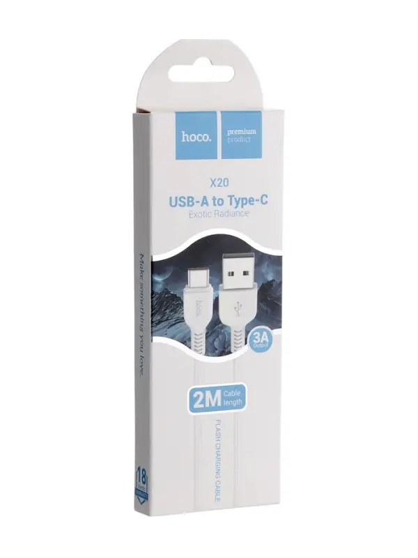 Кабель Hoco X20, Type-C - USB, 3 А, 2 м, PVC оплетка, белый