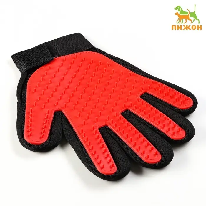 Перчатка-щётка для шерсти, на правую руку, с удлинёнными зубчиками, красная