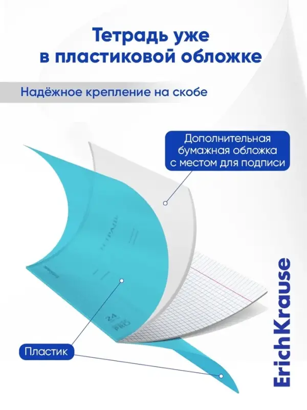 Тетрадь 24 листа в клетку, ErichKrause &laquo;Классика CoverPro Vivid&raquo;, пластиковая обложка, бирюзовая