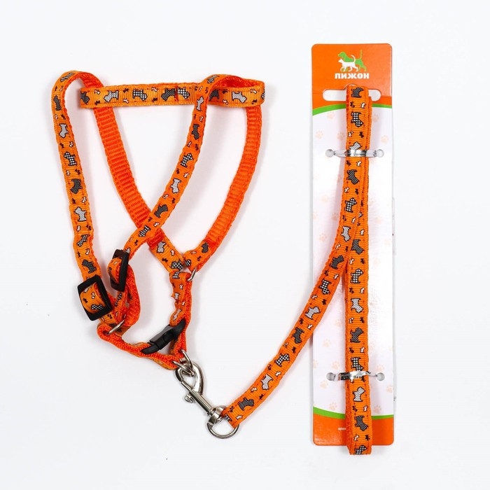 Комплект  Комплект "Собачки", ширина 1 см, поводок 1,2 м, шлейка 23-35 см, оранжевый