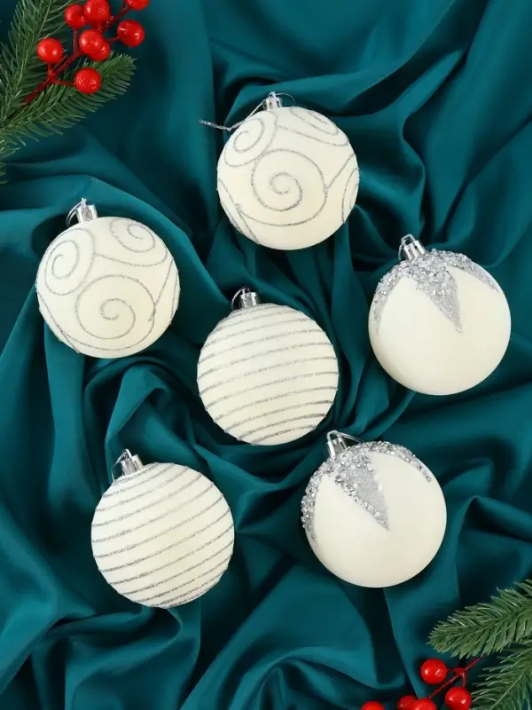 Набор шаров пластик d-8 см, 6 шт Набор шаров пластик d-8 см, 6 шт "Бархат. Фестиваль" завитки, белый