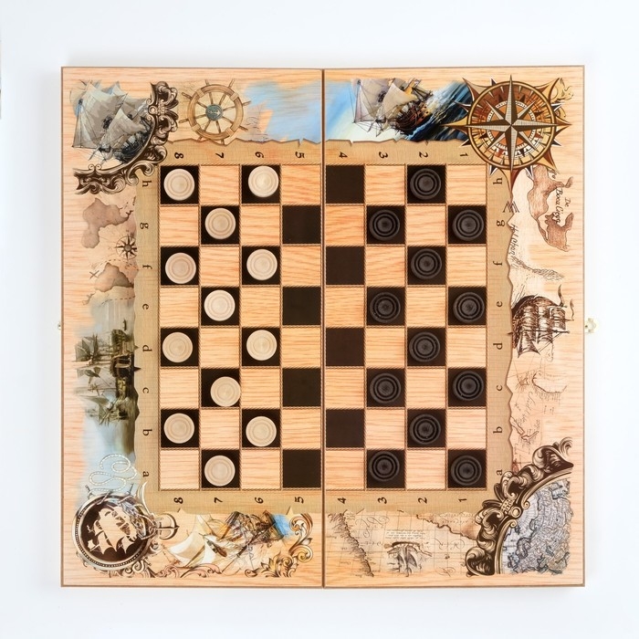 Настольные игры 3 в 1 Настольные игры 3 в 1 "Морские": шахматы, шашки, нарды, деревянные, большие 50 х 50 см