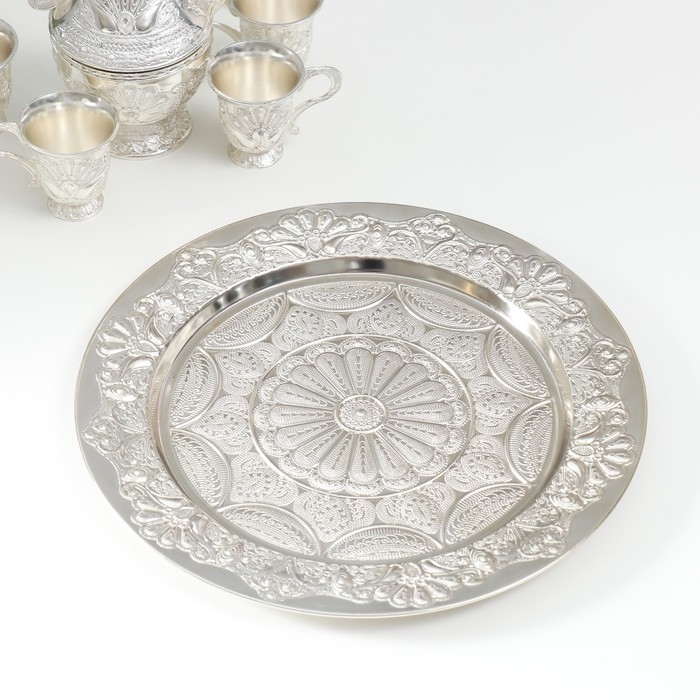 Набор винный кувшин, 6 бокалов и поднос  Набор винный кувшин, 6 бокалов и поднос "Стамбул. Медальон и узоры" серебро