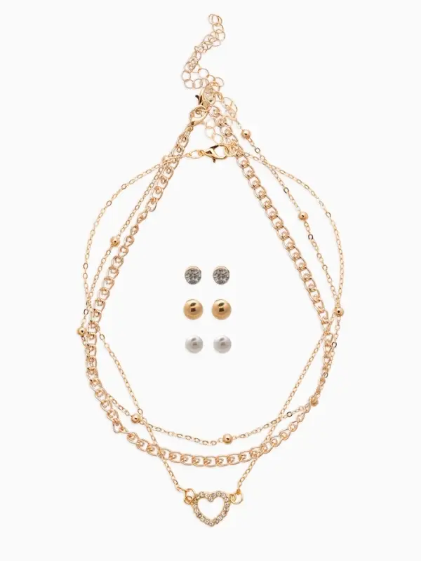 Набор 2 предмета: 3 колье, 3 пары пусет &laquo;Эстетика&raquo;, сердце, белый в золоте, 32 см