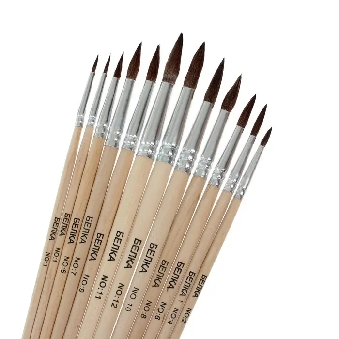 Набор кистей для рисования, белка, 12 штук: № 1, 2, 3, 4, 5, 6, 7, 8, 9, 10, 11, 12, круглые, деревянная ручка, международный размер