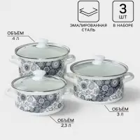 Кастрюли эмалированные &laquo;День и ночь&raquo;, набор 3 шт., 2.3 л, 3 л, 4 л, с деколью, белые
