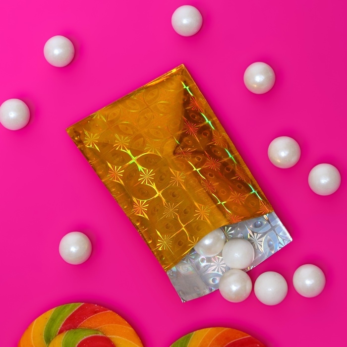 Пакет подарочный голографический с липкой лентой, Пакет подарочный голографический с липкой лентой, "Шарм" МИКС 7,5x12+2 см набор 50шт