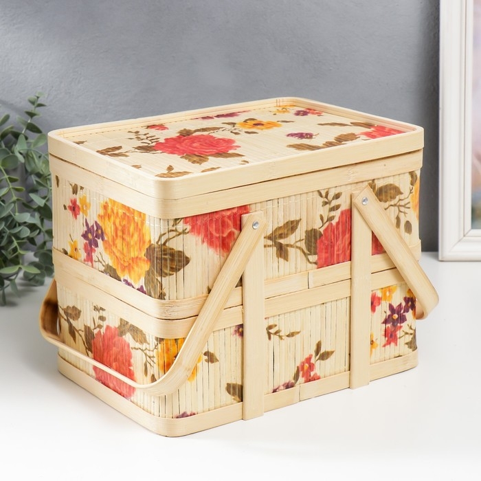 Шкатулка бамбук 2в1 Шкатулка бамбук 2в1 "Сад с пионами" с ручками 21х20х27 см