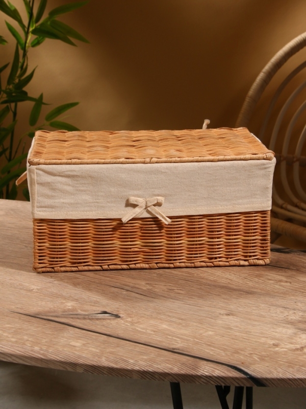 Корзинка прямоугольная с крышкой и тканевым подкладом, 33х22х15 см, ротанг