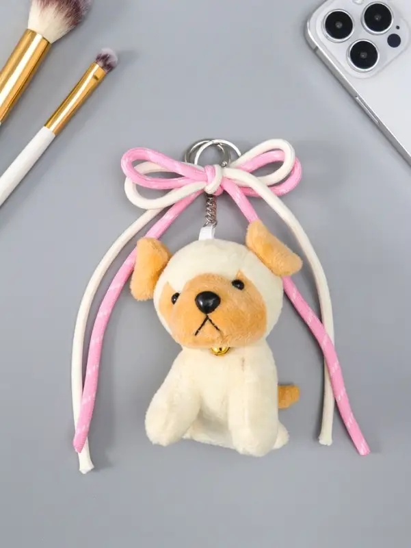 Брелок текстиль "Милый щенок с бело-розовым бантиком" бежевый 5х9,5х20 см