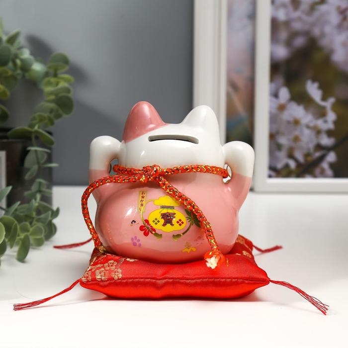 Сувенир керамика копилка Сувенир керамика копилка "Розовый кот Манэки-нэко с колокольчиками" 11,5х11,5х9,5 см