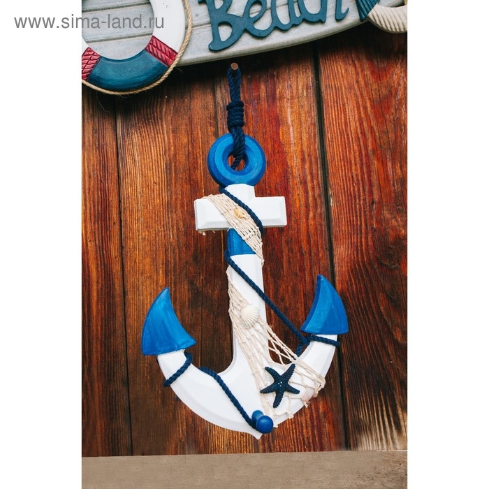 Якорь интерьерный с веревкой и звездой, бело-синий 5*23*32см