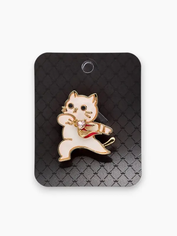 Брошь  Брошь "Кот" герой, бело-розовая в золоте