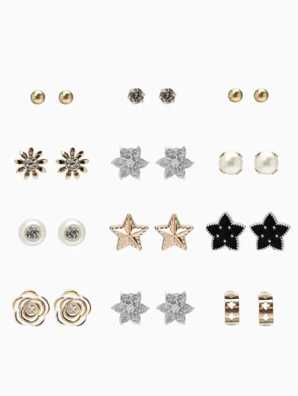 Серьги пусеты 12 пар &laquo;Фантазия&raquo; цветы и звёзды, белые в золоте