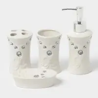 Аксессуары для ванной Доляна &laquo;Стразы. Капельки&raquo;, 4 предмета, дозатор 200 мл, мыльница, 2 стакана, белые