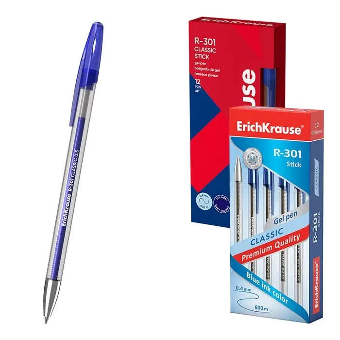 Ручка гелевая ErichKrause R-301 Classic Gel Stick, узел 0.5 мм, чернила синие, длина линии письма 600 метров