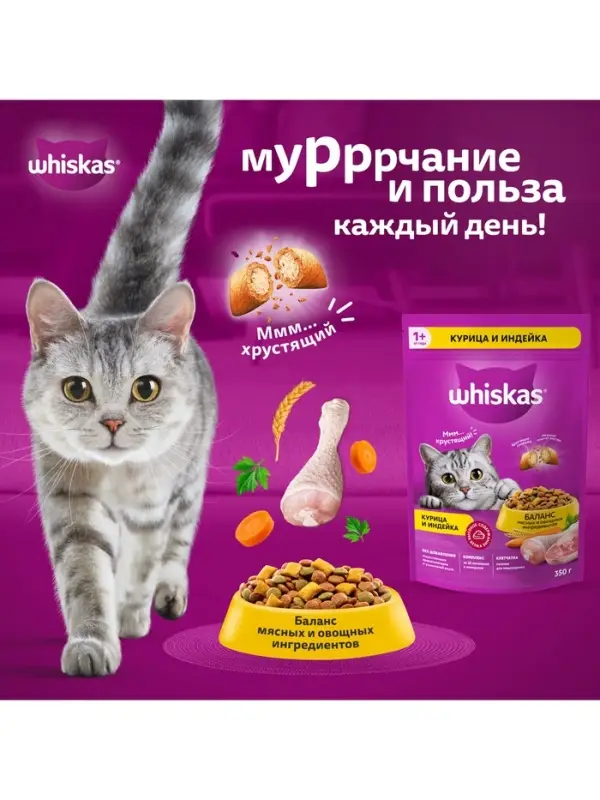 Сухой корм Whiskas для кошек, курица/индейка, подушечки, 800 г
