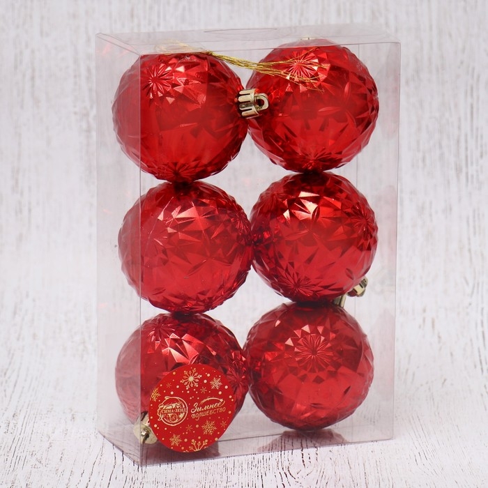 Ёлочные игрушки, шары новогодние , пластик, набор d-7 см, 6 шт Ёлочные игрушки, шары новогодние , пластик, набор d-7 см, 6 шт "Калейдоскоп" красный