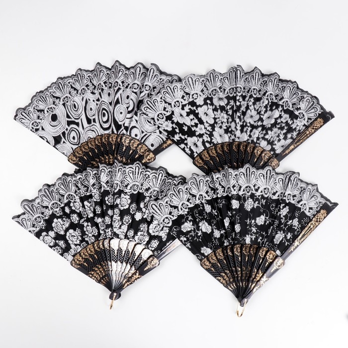 Веер пластик, текстиль  Веер пластик, текстиль "Россыпь цветов" с золотом МИКС 23 см