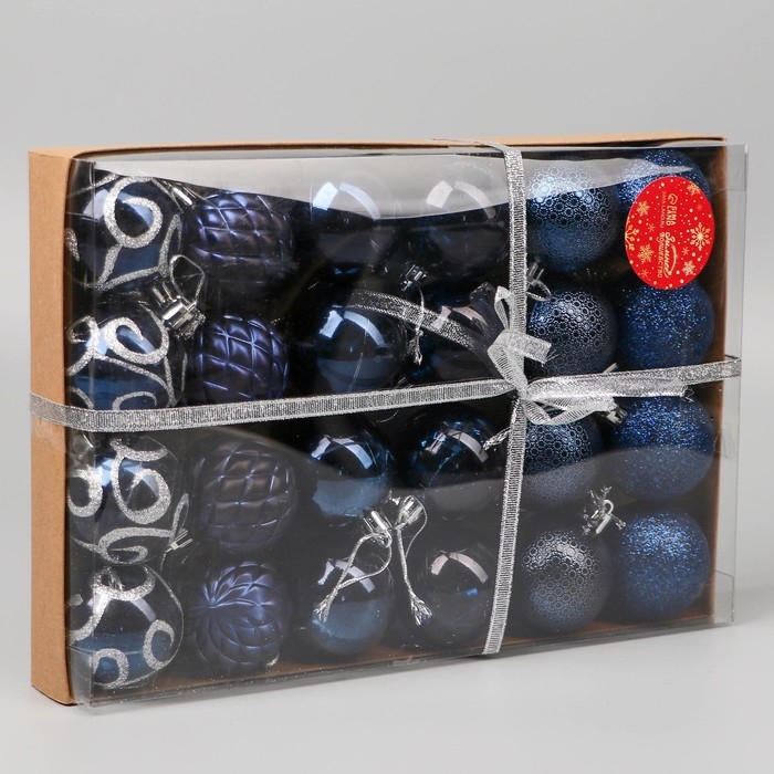Набор шаров пластик d-4,5 см, 24 шт Набор шаров пластик d-4,5 см, 24 шт "Морозные узоры" синий