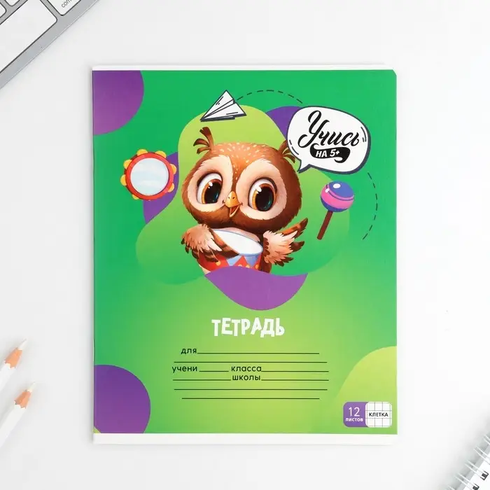 Тетрадь в клетку, 12 листов, А5, на скрепке, блок №1 &laquo;Учись на 5+&raquo; МИКС