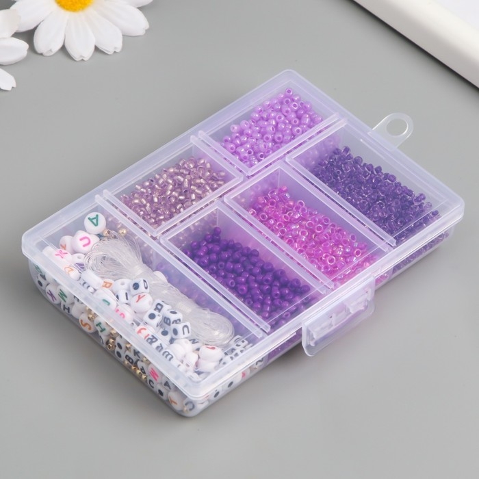 Бисер стекло 8/0 в шкатулке  Бисер стекло 8/0 в шкатулке "Фиолетовый" бусины + нить 0,8 мм 5 м 12х8,4х2,2 см