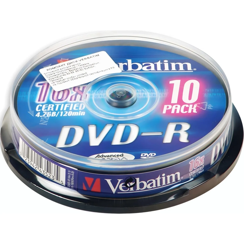 Носители информации DVD-R, 16x, Verbatim Azo Matt Silver, Cake/10, 43523
