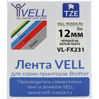 Картридж VL-FX231 Vell (Brother TZE-FX231, 12 мм, черный на белом) для PT