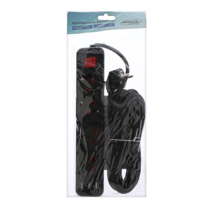 Удлинитель Luazon Lighting, 2 евро+2 унив.роз., 3 м, 2200 Вт, 2х0.5 мм2, с выкл.,черный Удлинитель Luazon Lighting, 2 евро+2 унив.роз., 3 м, 2200 Вт, 2х0.5 мм2, с выкл.,черный