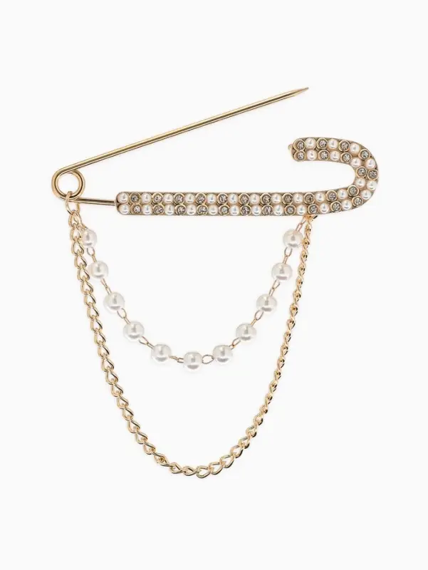 Булавка &laquo;Шик&raquo; в стразах, цепочка, жемчуг, L=7.5 см, цвет белый в золоте