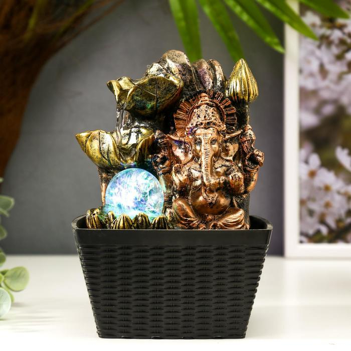 Фонтан настольный от сети, подсветка  Фонтан настольный от сети, подсветка "Бронзовый Ганеша и лотосы" 22х13х13 см